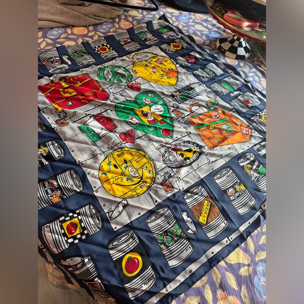 33” square silk Popeye Moschino scarf.